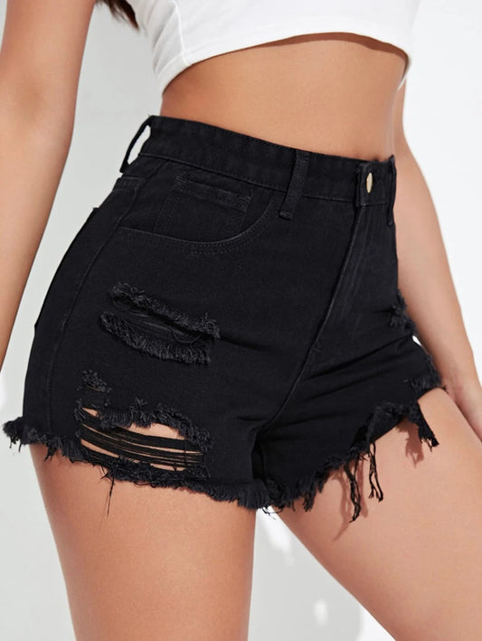 High Waist Ripped Raw Trim Denim Shorts (verified)