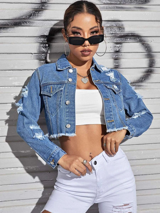 Ripped Raw Trim Button Front Crop Denim Jacket