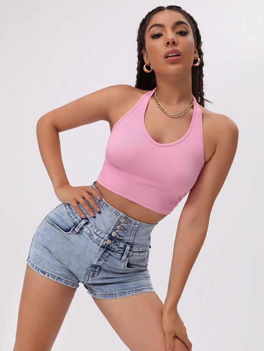 Halterneck Solid Rib-knit Crop Top - Only S, M and L available