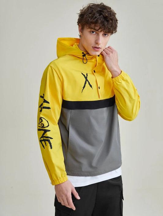 X XTRASOLO Men Letter Graphic Colorblock Drawstring Hooded Windbreaker Jacket (v)