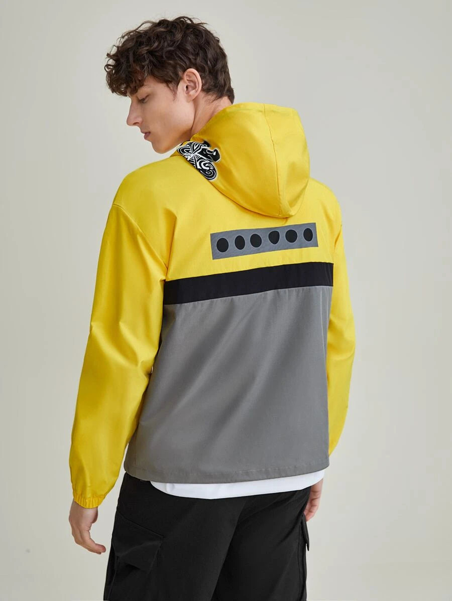 X XTRASOLO Men Letter Graphic Colorblock Drawstring Hooded Windbreaker Jacket (v)