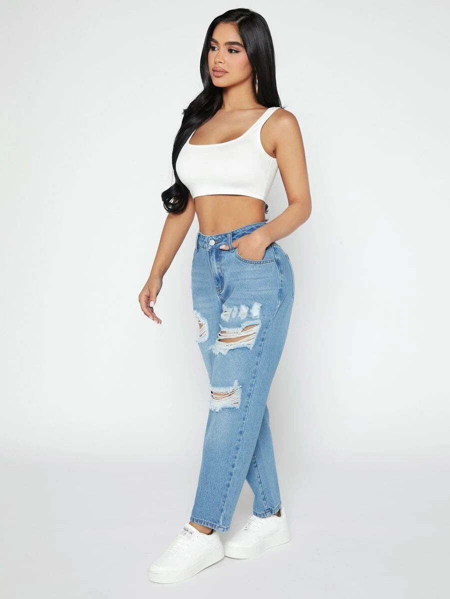 Ripped Detail Tapered Jeans (v)