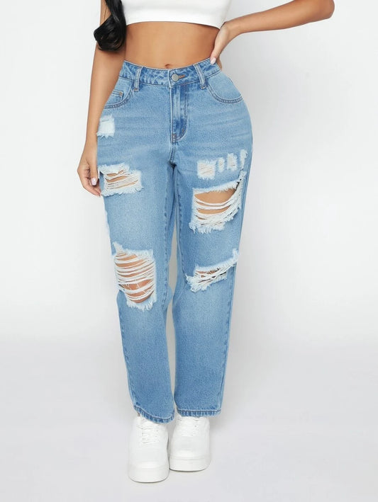 Ripped Detail Tapered Jeans (v)