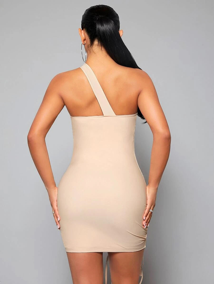 One Shoulder Cut Out Drawstring Front Ruched Bodycon Dress - (v)