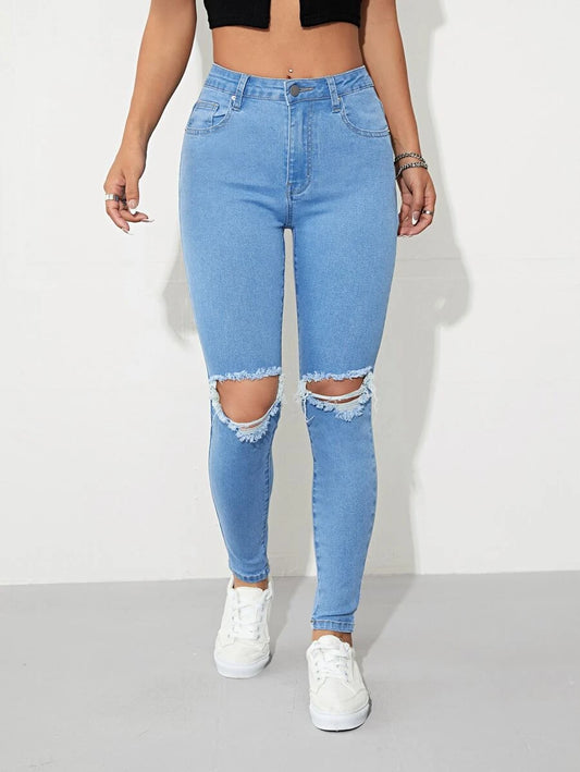 Letter Patched Ripped Skinny Jeans - Available