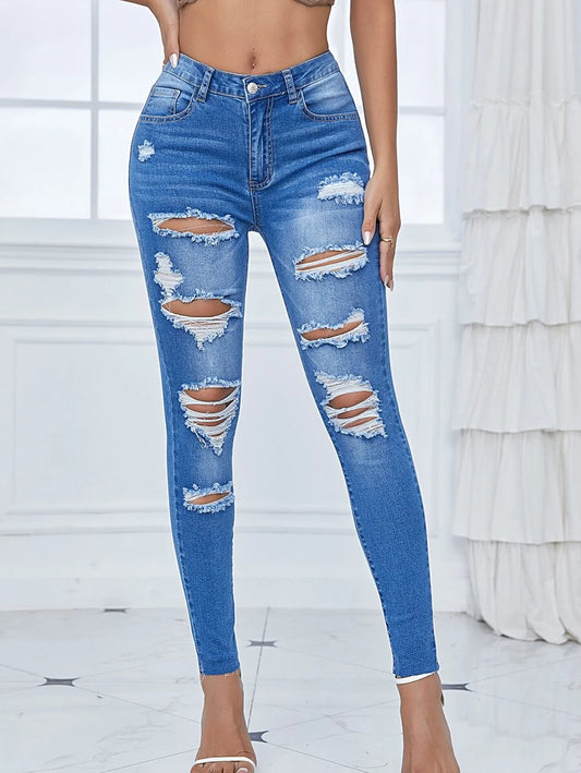Ripped Raw Hem Skinny Jeans - Available