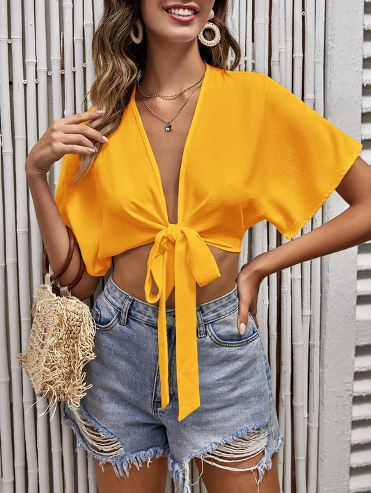 Batwing Sleeve Knot Front Crop Blouse