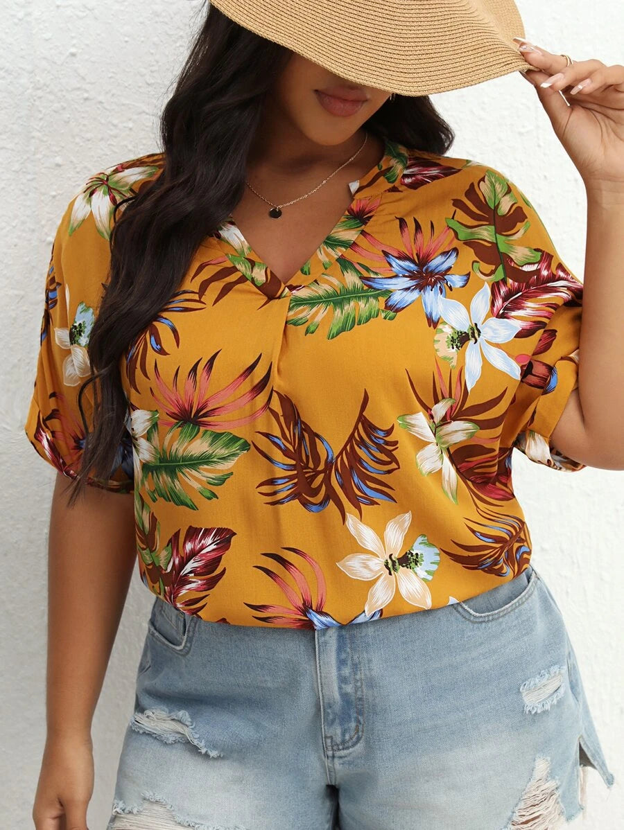 Plus Tropical Print Batwing Sleeve Blouse (v)