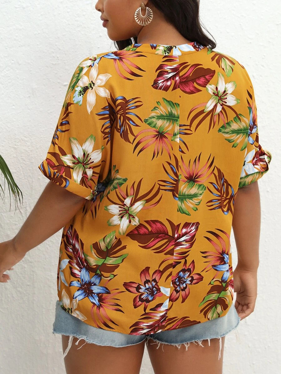 Plus Tropical Print Batwing Sleeve Blouse (v)
