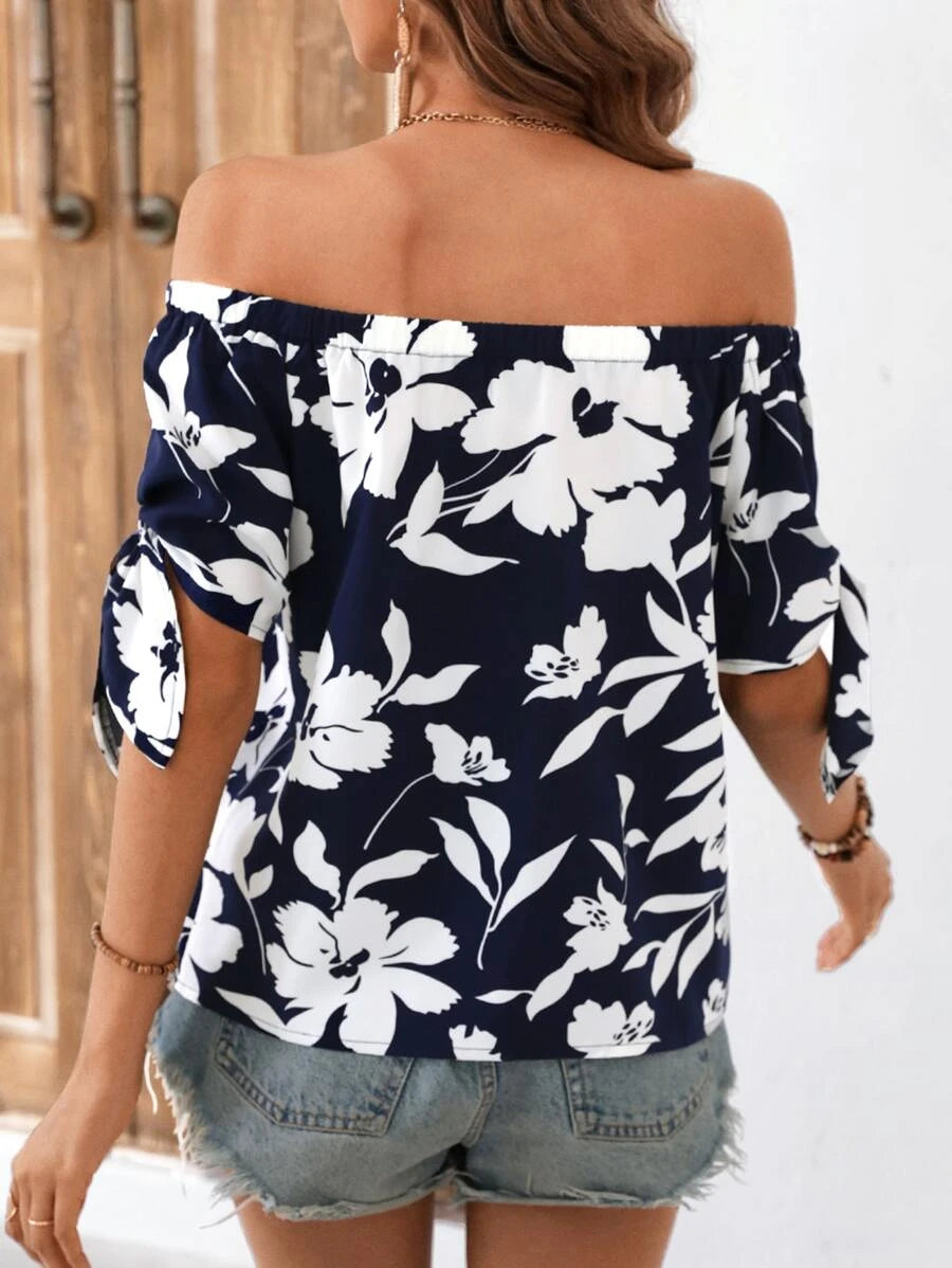 Floral Print Off Shoulder Knot Cuff Blouse (A)