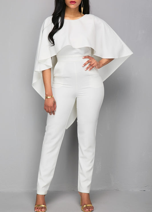Zipper Closure V Back White Cloak Jumpsuit - SALE for BZ 70 - In Stock items only