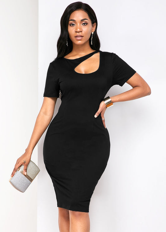 Short Sleeve Back Slit Cutout Front Dress - (V)