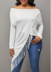 Tassel Asymmetric Hem White Off Shoulder T Shirt - Out of Stock