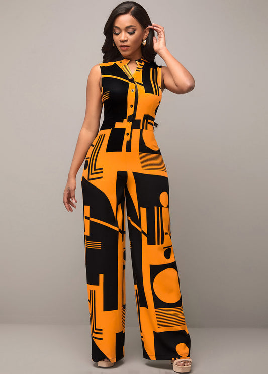 Yellow Geometric Print Side Pocket Jumpsuit - (v)