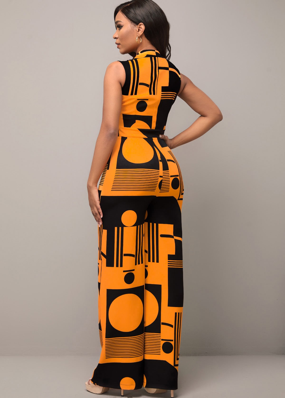 Yellow Geometric Print Side Pocket Jumpsuit - (v)