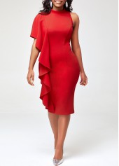 Flounce One Shoulder Mock Neck Red Dress - (v)