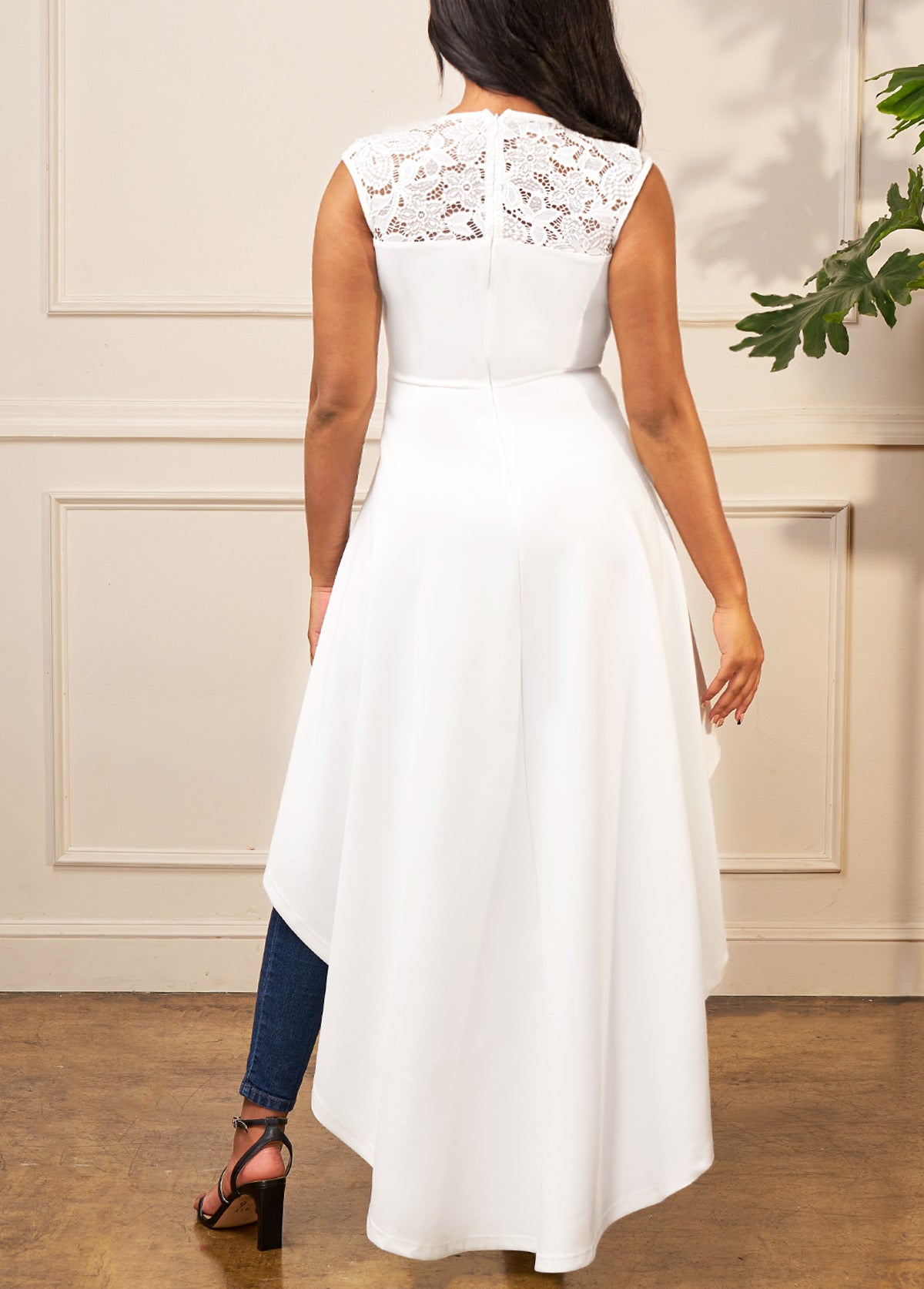 White Lace Stitching Dip Hem Blouse - Out of Stock