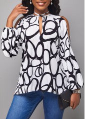 White Circle Print Keyhole Neckline Blouse - SALE for BZ40 - In stock only