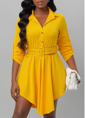 Asymmetric Hem Belted Yellow Turndown Collar Dress
