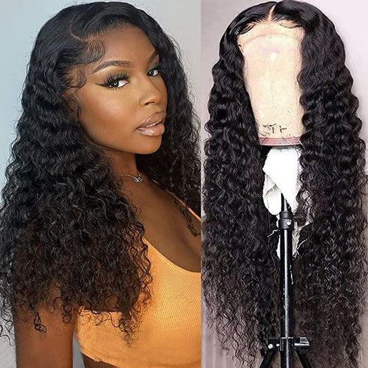 FIRIEYA Deep Wave Lace Front Wigs Human Hair Wigs for Black Women 180% Density 4X4 HD Transparent Lace Closure Human Hair Wigs for Black Women with Baby Hair Natural Color