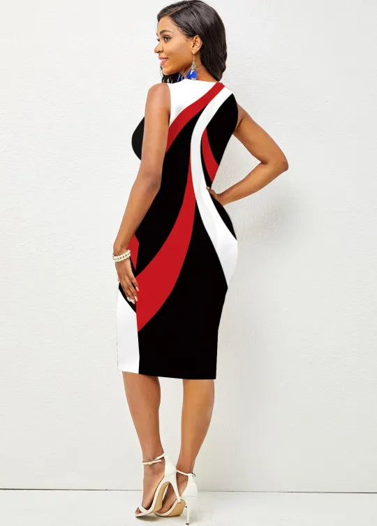 Contrast Printed Sleeveless Round Neck Dress - (v)