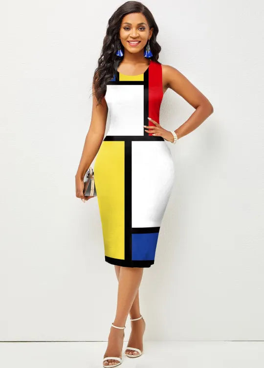 Color Block Sleeveless Round Neck Dress - (V)
