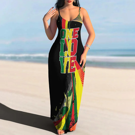 Rasta One Love Wavy Stripe Stitching Maxi Dress - (v)